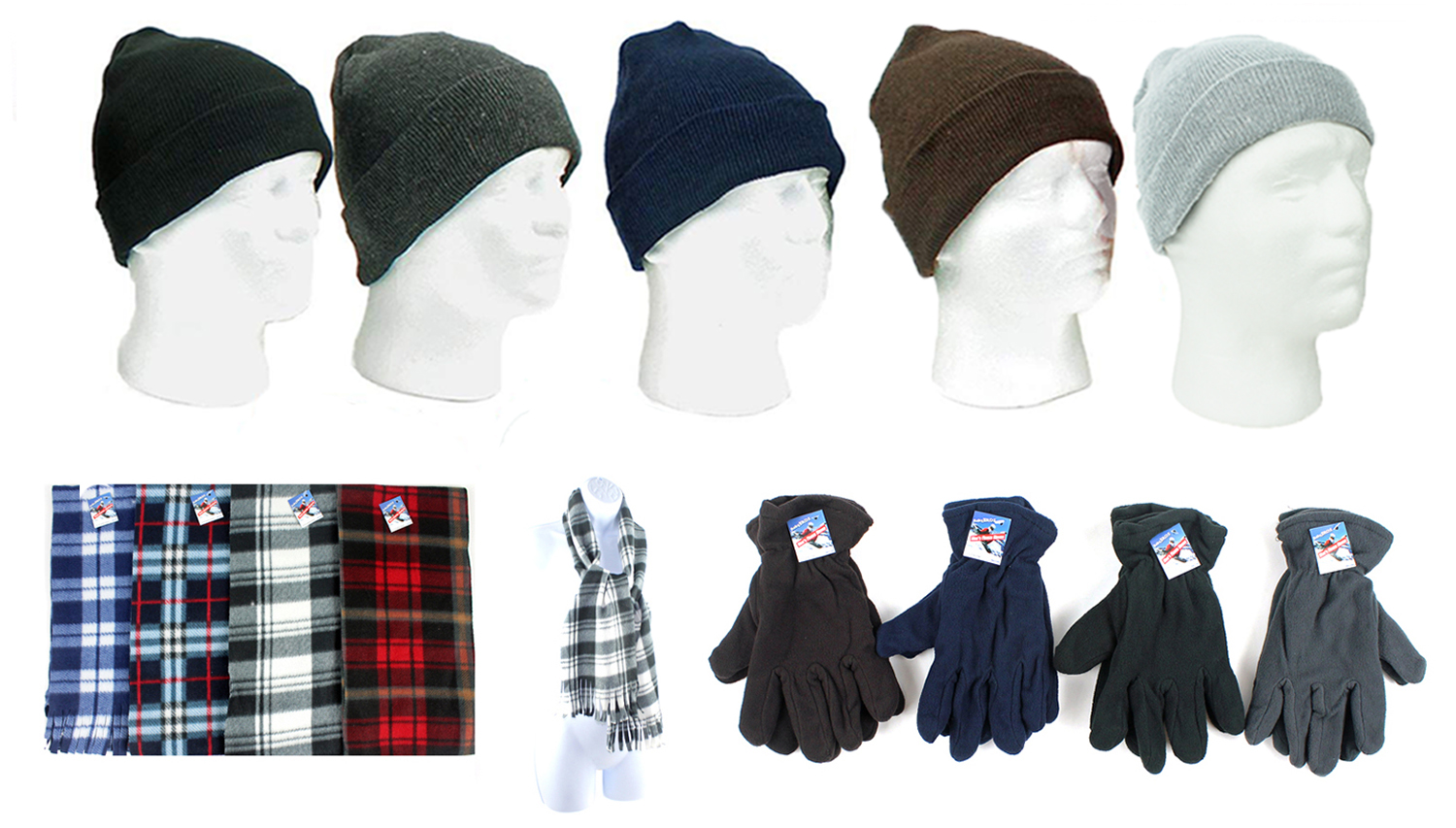 ''Adult Cuffed Winter Knit Hats, Men's Fleece Gloves, and Adult Checkered SCARVES Combo''