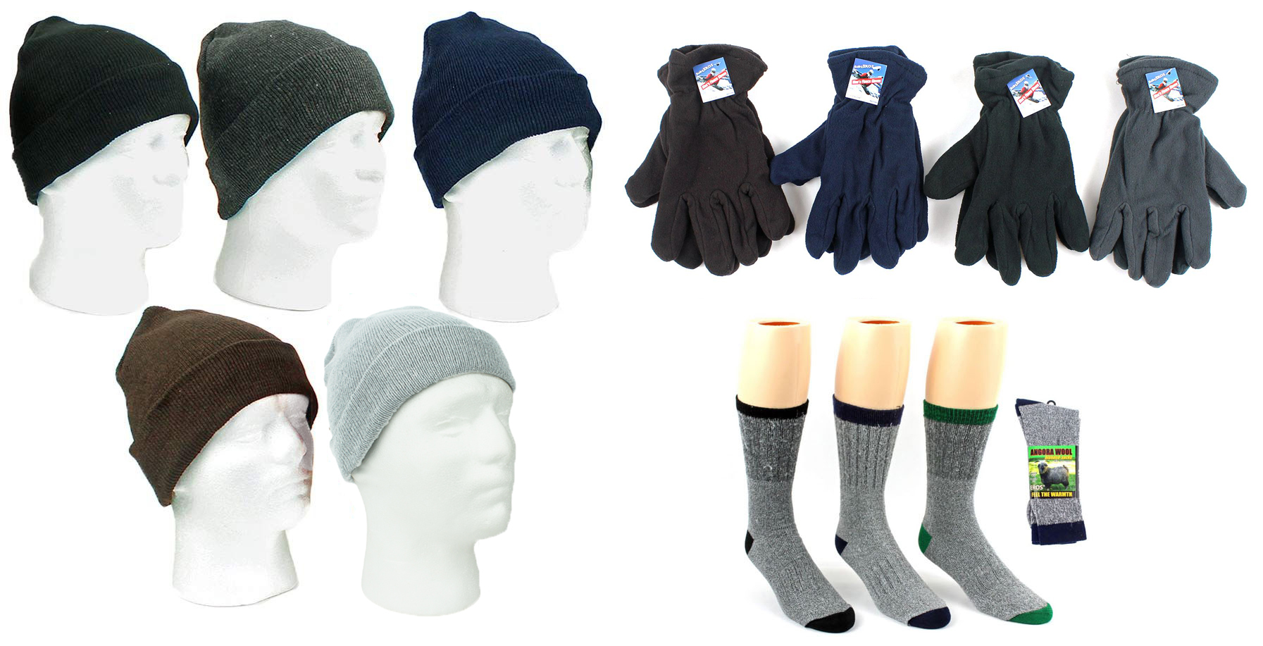 ''Adult Cuffed Winter Knit Hats, Men's Fleece Gloves, and Men's Angora Wool Blend SOCKS Combo''