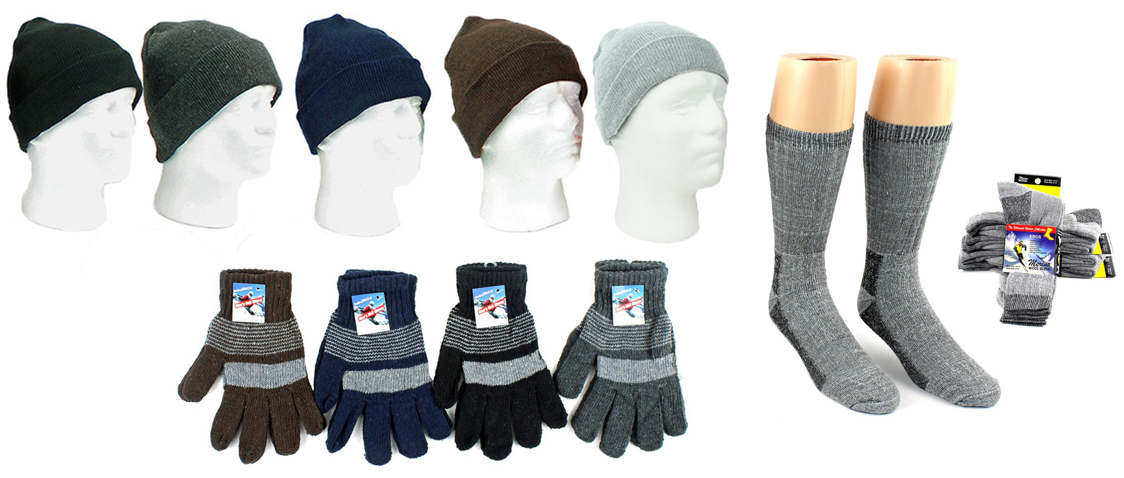 ''Adult Cuffed Winter Knit Hats, Men's Knit Gloves, and Men's Wool Blend SOCKS Combo''