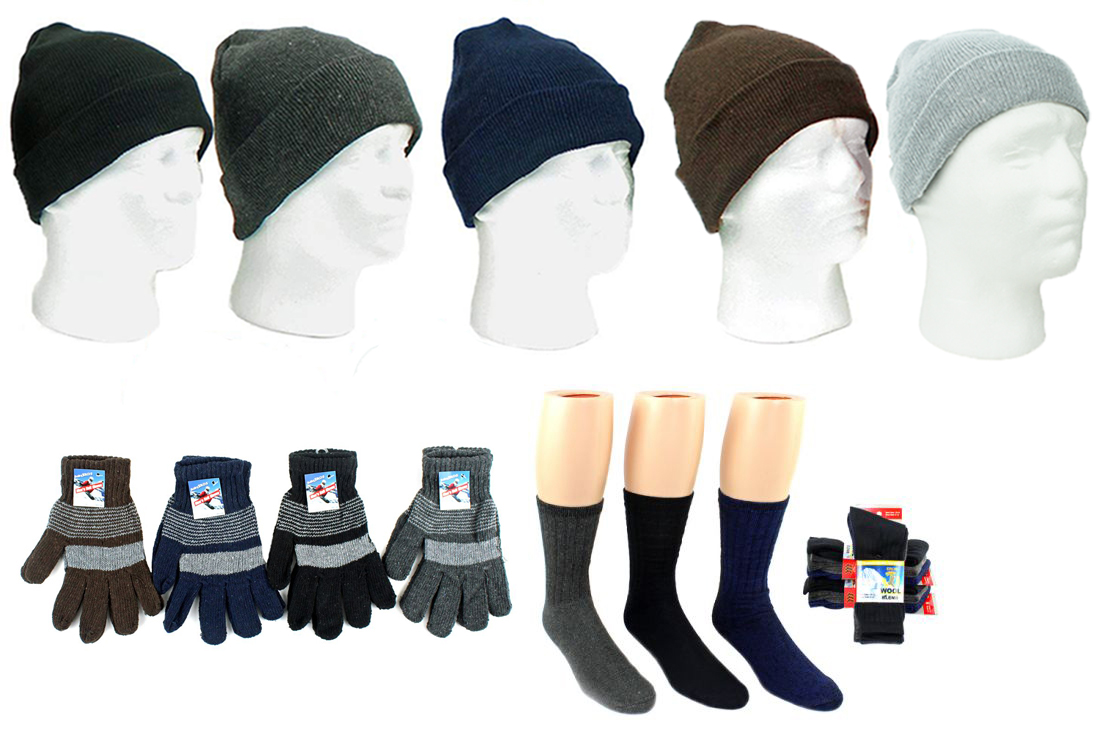 ''Adult Cuffed Winter Knit Hats, Men's Knit Gloves, and Men's Wool Blend SOCKS Combo''