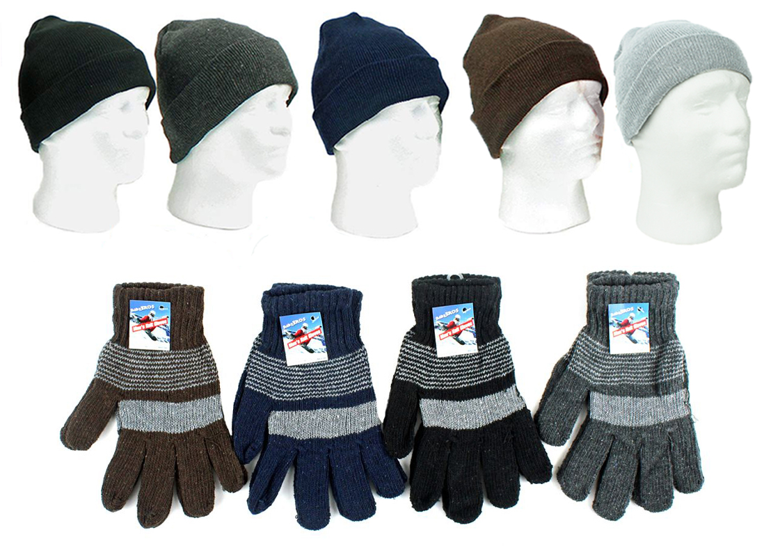 ADULT Cuffed Winter Knit Hats and Men's Knit Gloves Combo Packs