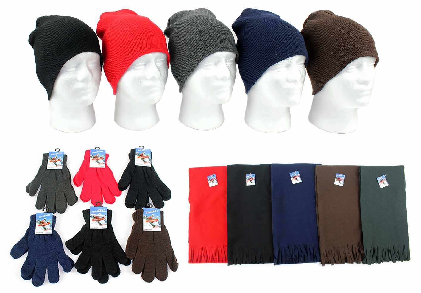 ''Adult Beanie Winter Knit Hats, Adult Magic Gloves, and Adult Solid SCARVES Combo Packs''