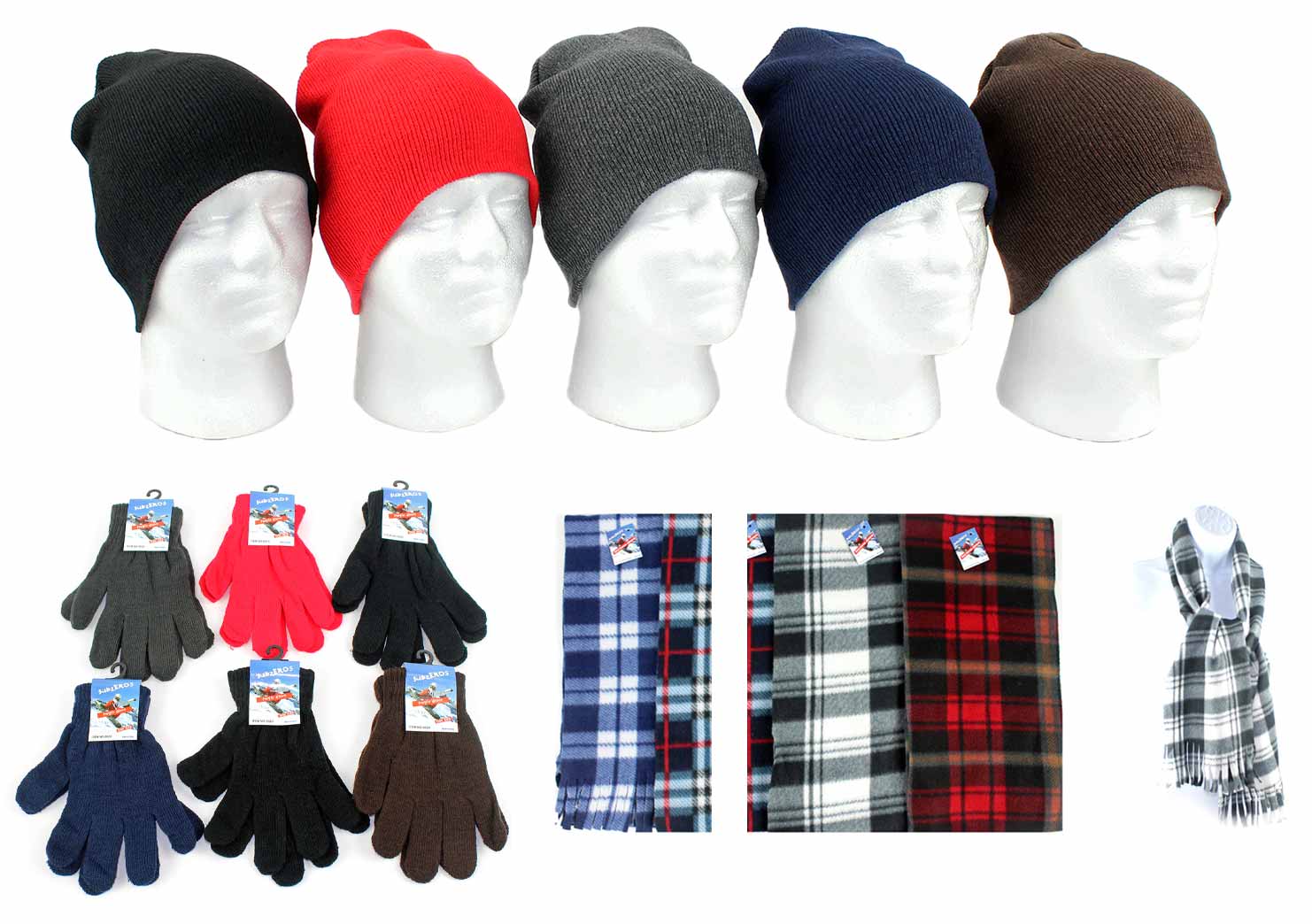 ''Adult Beanie Winter Knit HATS, Adult Magic Gloves, and Adult Checkered Scarves Combo Packs''