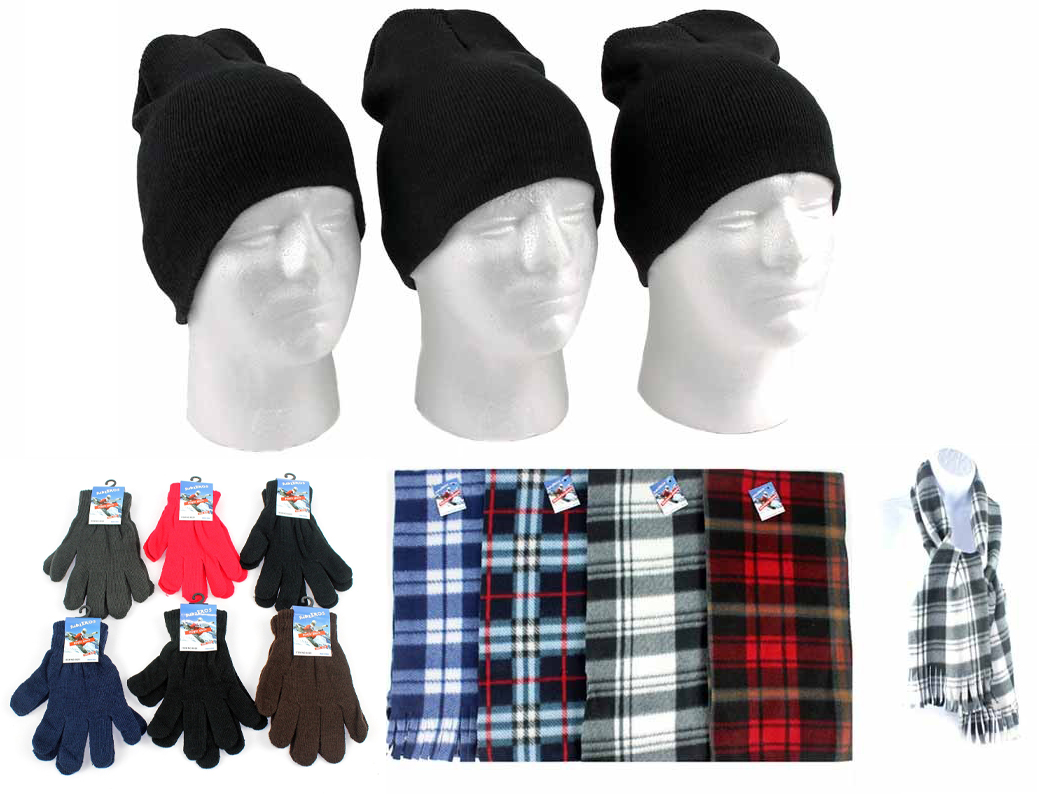 ''Adult Beanie Winter Knit Hats, Adult Magic Gloves, and Adult Checkered SCARVES Combo Packs''