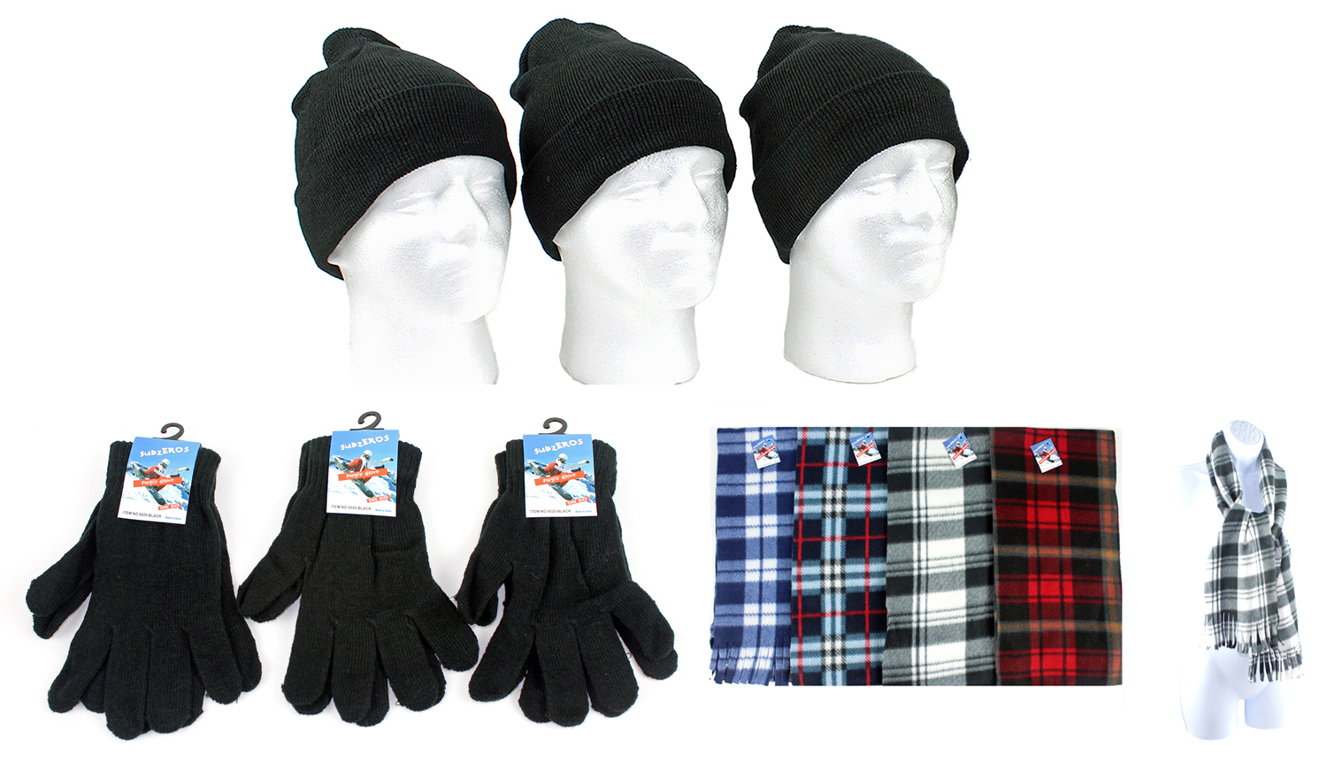 ''Adult Beanie Winter Knit Hats, Adult Magic Gloves, and Adult Checkered SCARVES Combo Packs''