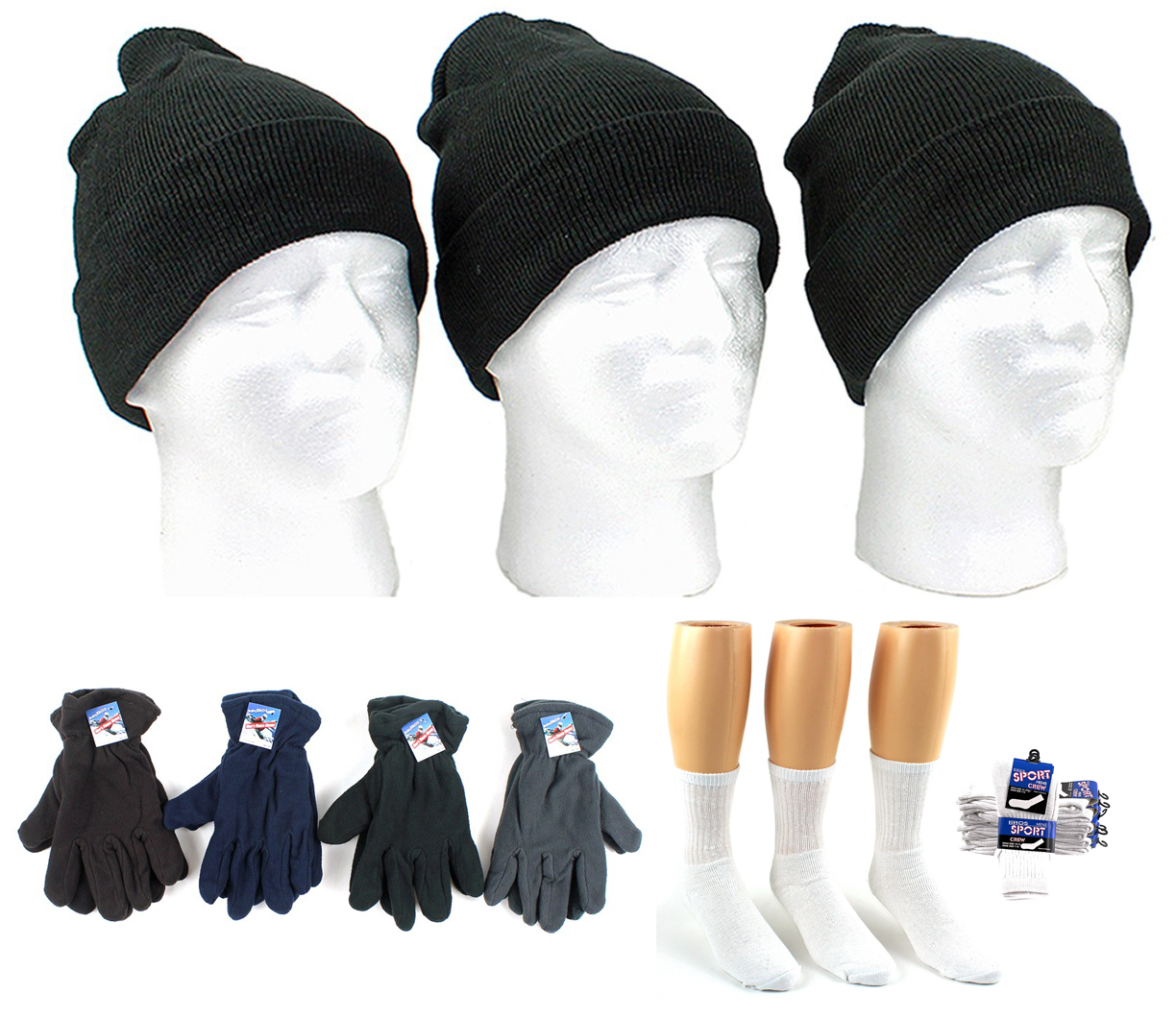 ''Adult Cuffed Winter Knit Hats, Men's Fleece Gloves, and Men's Crew SOCKS Combo''