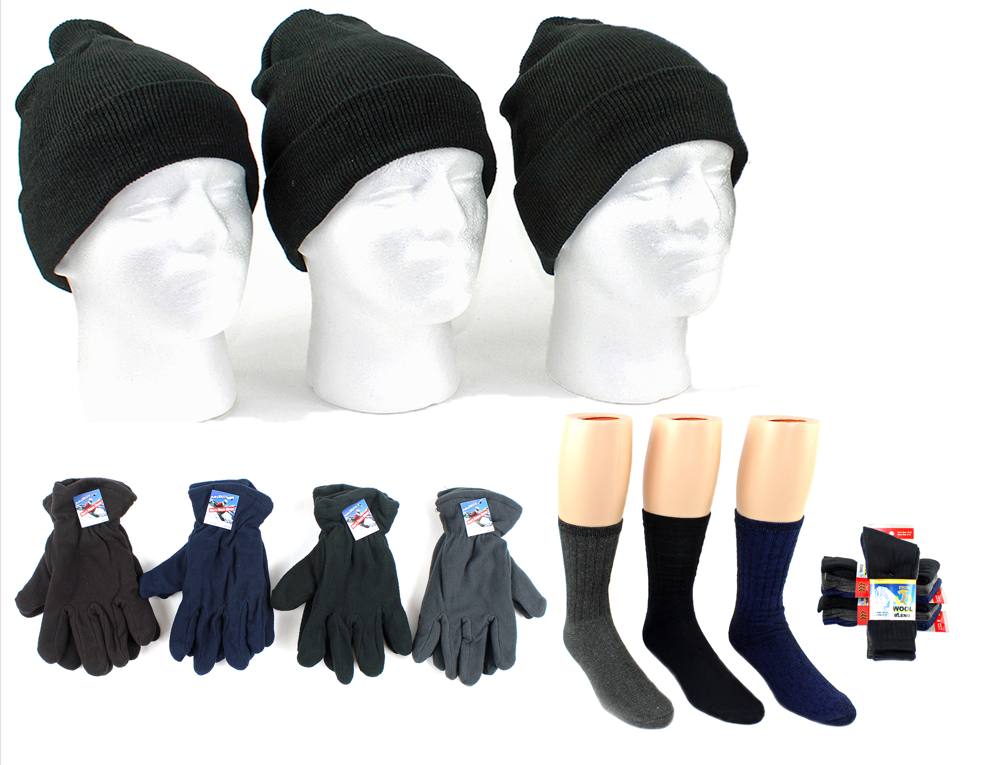 ''Adult Cuffed Winter Knit Hats, Men's Fleece Gloves, and Men's Wool Blend SOCKS Combo''