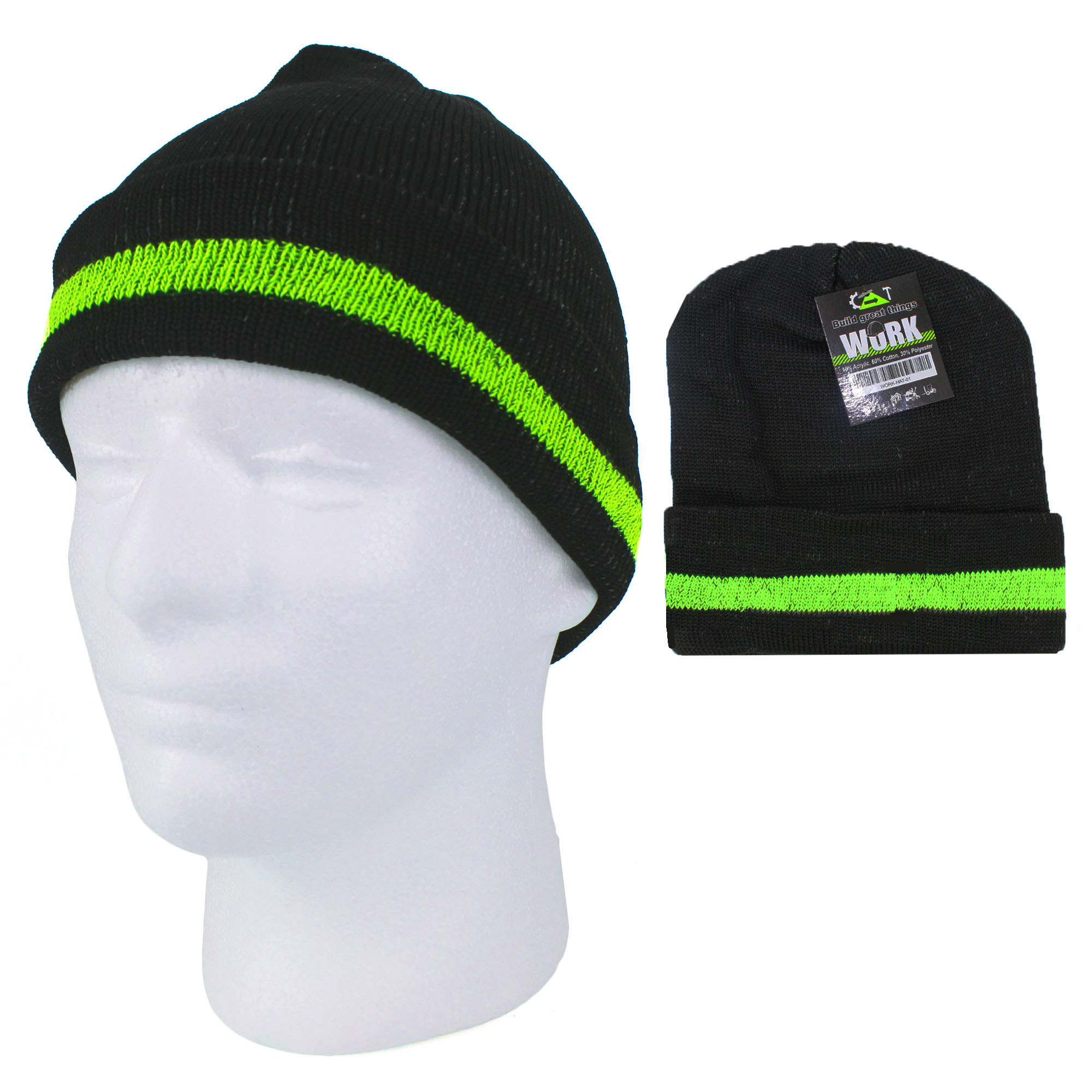 ADULT Cuffed Cotton Blend Winter Knit Hats - Black w/ Safety Green Detail