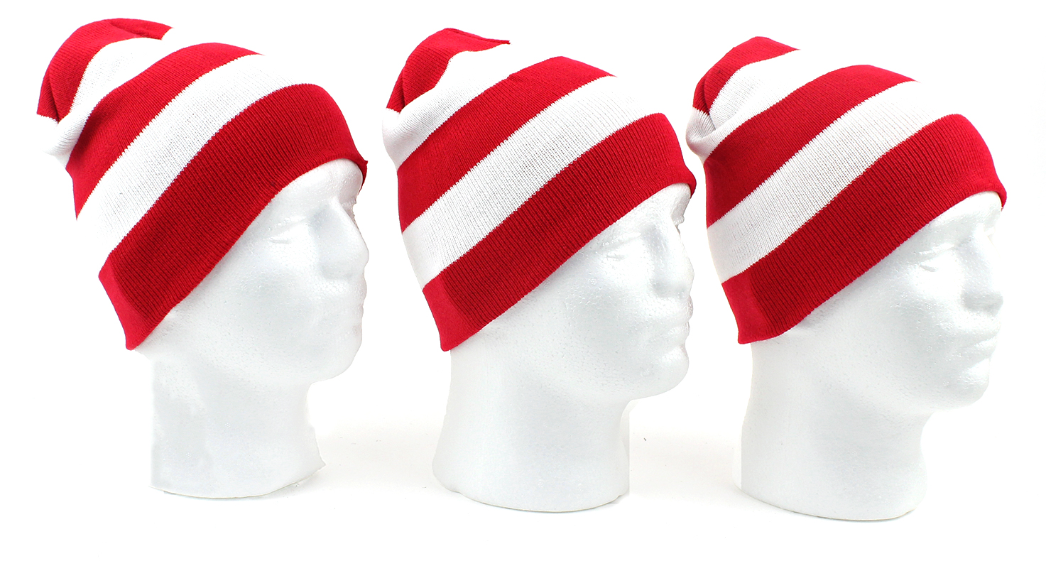 Adult Christmas Knit Beanie Hats - Red & White Striped