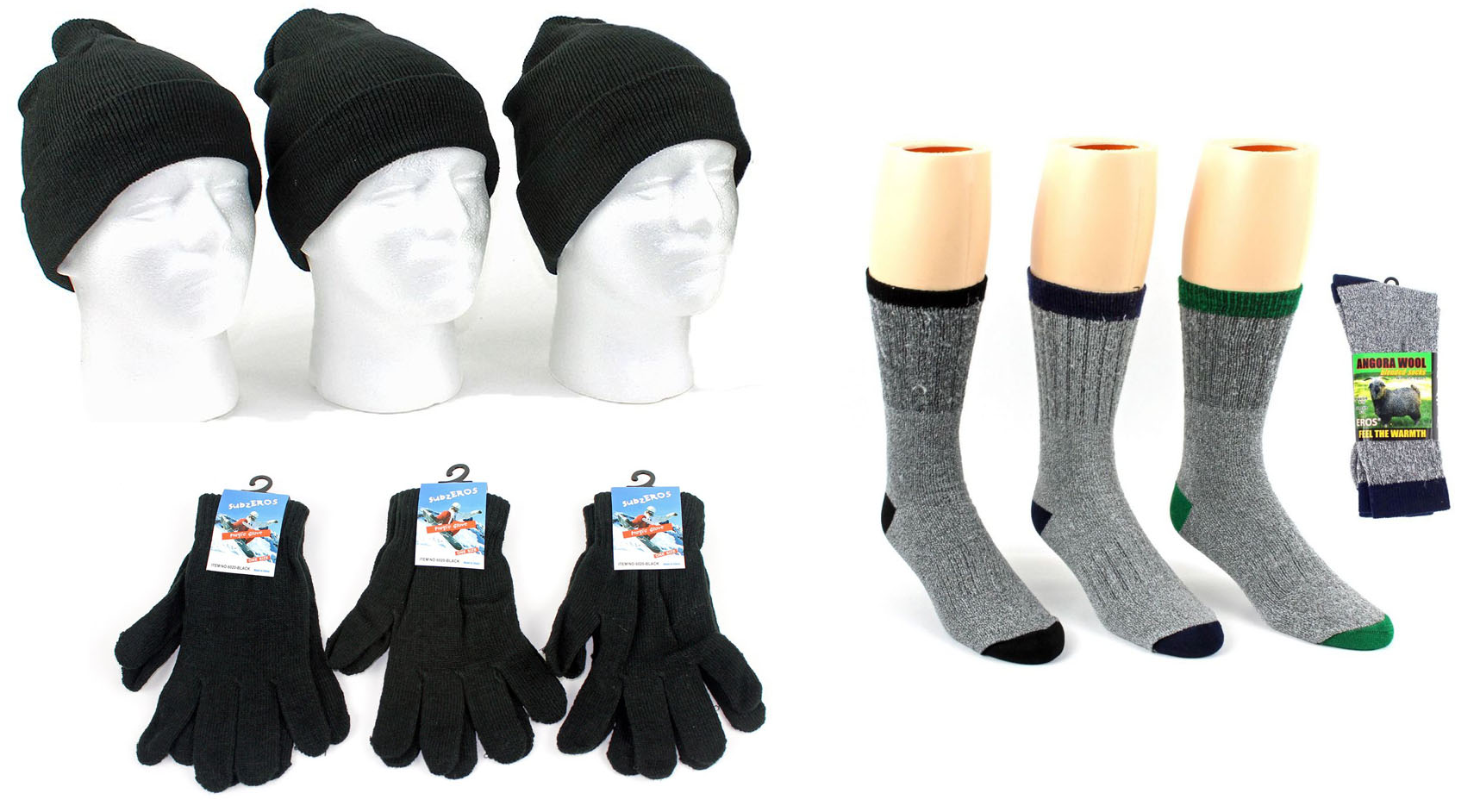 ''Adult Cuffed Winter Knit Hats, Adult Magic Gloves, and Men's Angora Wool Blend SOCKS Combo''