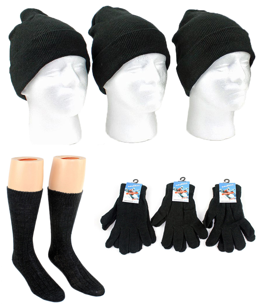 ''Adult Cuffed Winter Knit Hats, Adult Magic Gloves, and Men's Merino Wool Blend SOCKS (Black) Combo''