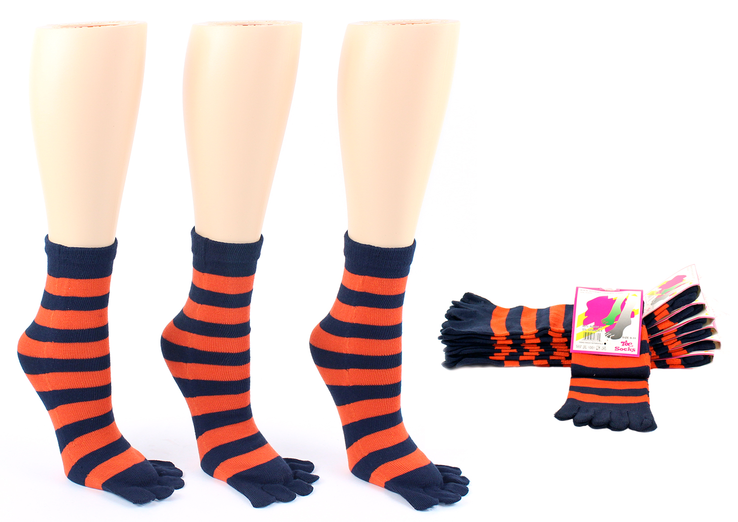 Women's Toe SOCKS - Blue & Orange Striped Print - Size 9-11