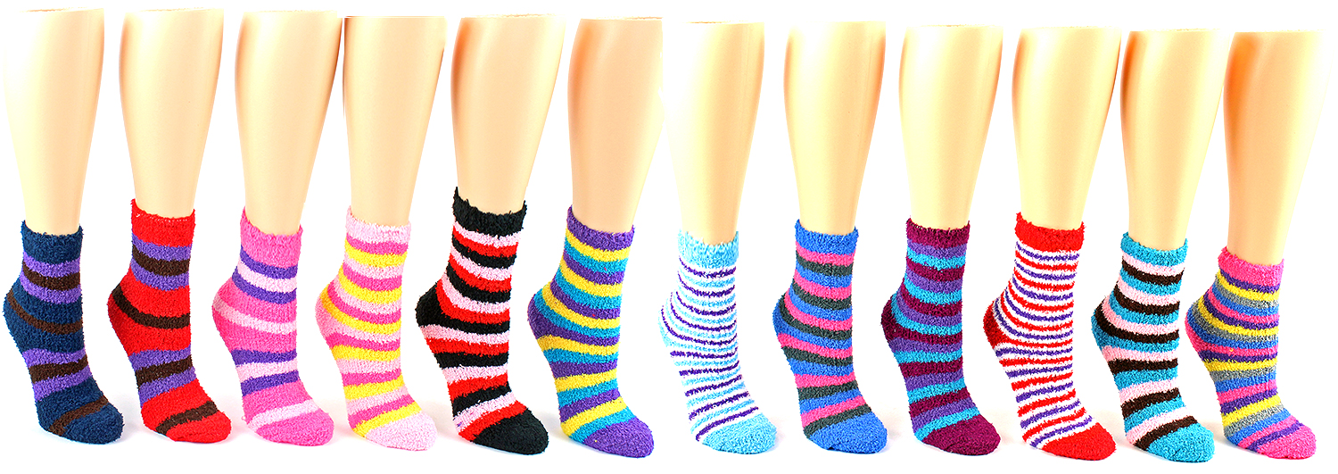 Women's Premium Fuzzy Crew SOCKS - Striped Print - Size 9-11