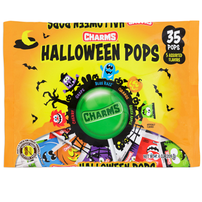 HALLOWEEN Pops Charms 35 Pops 5 Asst Flavors 7.4 Oz Laydown Bag