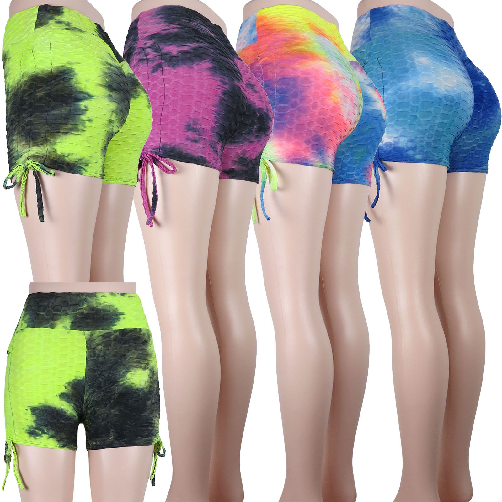 Women's Anti-Cellulite Honeycomb Textured Scrunch Butt Booty SHORTS - Tie-Dye Print