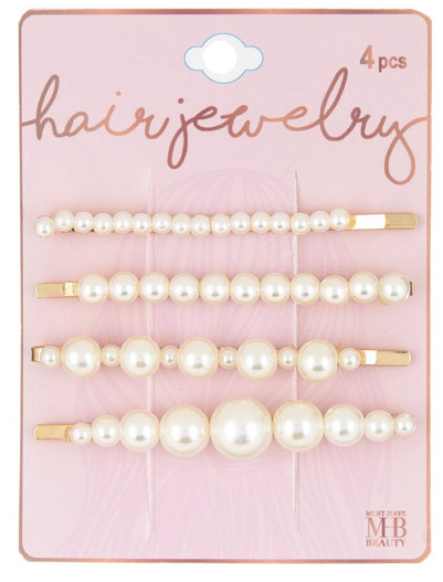 Gold HAIR Barrettes w/ Pearl Embelishment in Assorted Sizes - 4-Pack