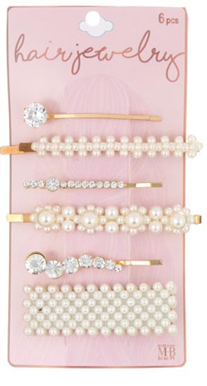 Assorted Design HAIR Barrettes & HAIR Clip Set w/ Rhinestones & Pearls - 6-Pack