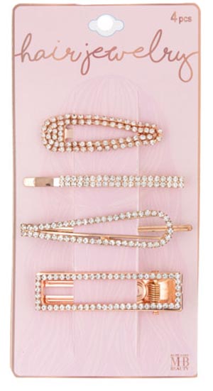 Rose Gold HAIR Barrettes & HAIR Clip Set w/ Embroidered Rhinestone - 4-Pack