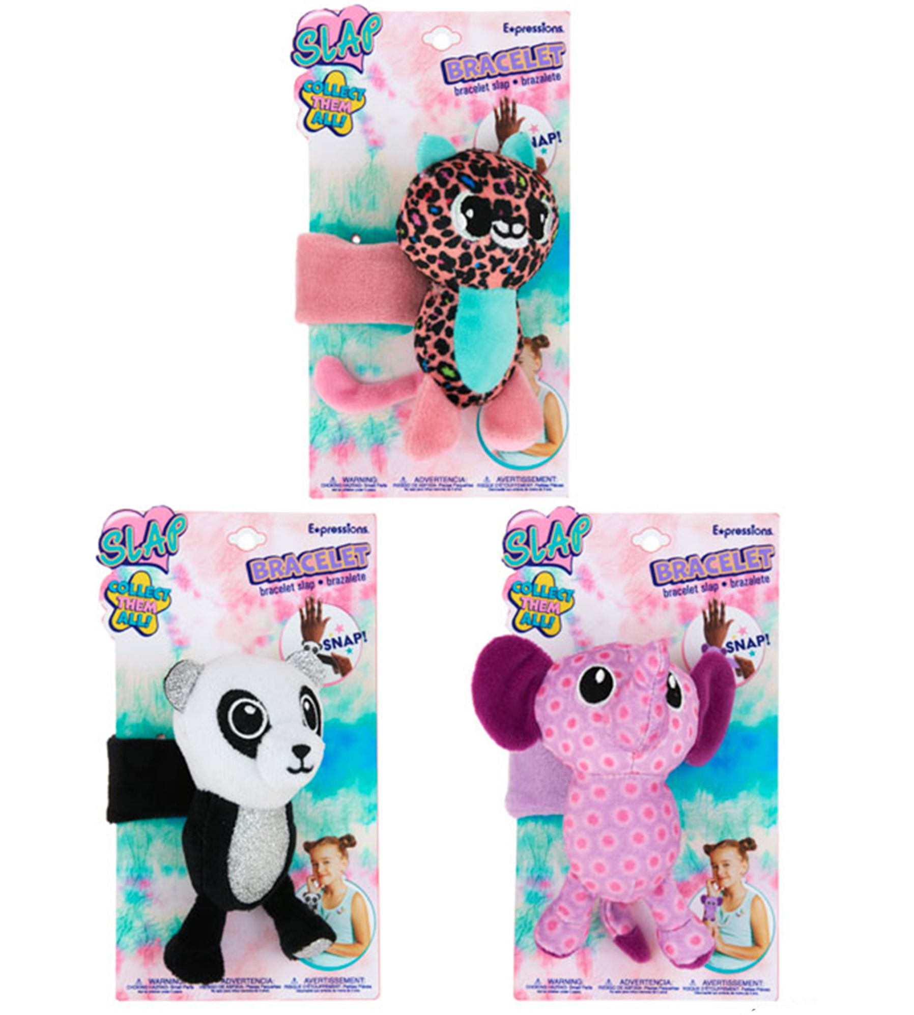 ''Plush Animal Slap BRACELETs - Pandas, Leopards, Elephants''