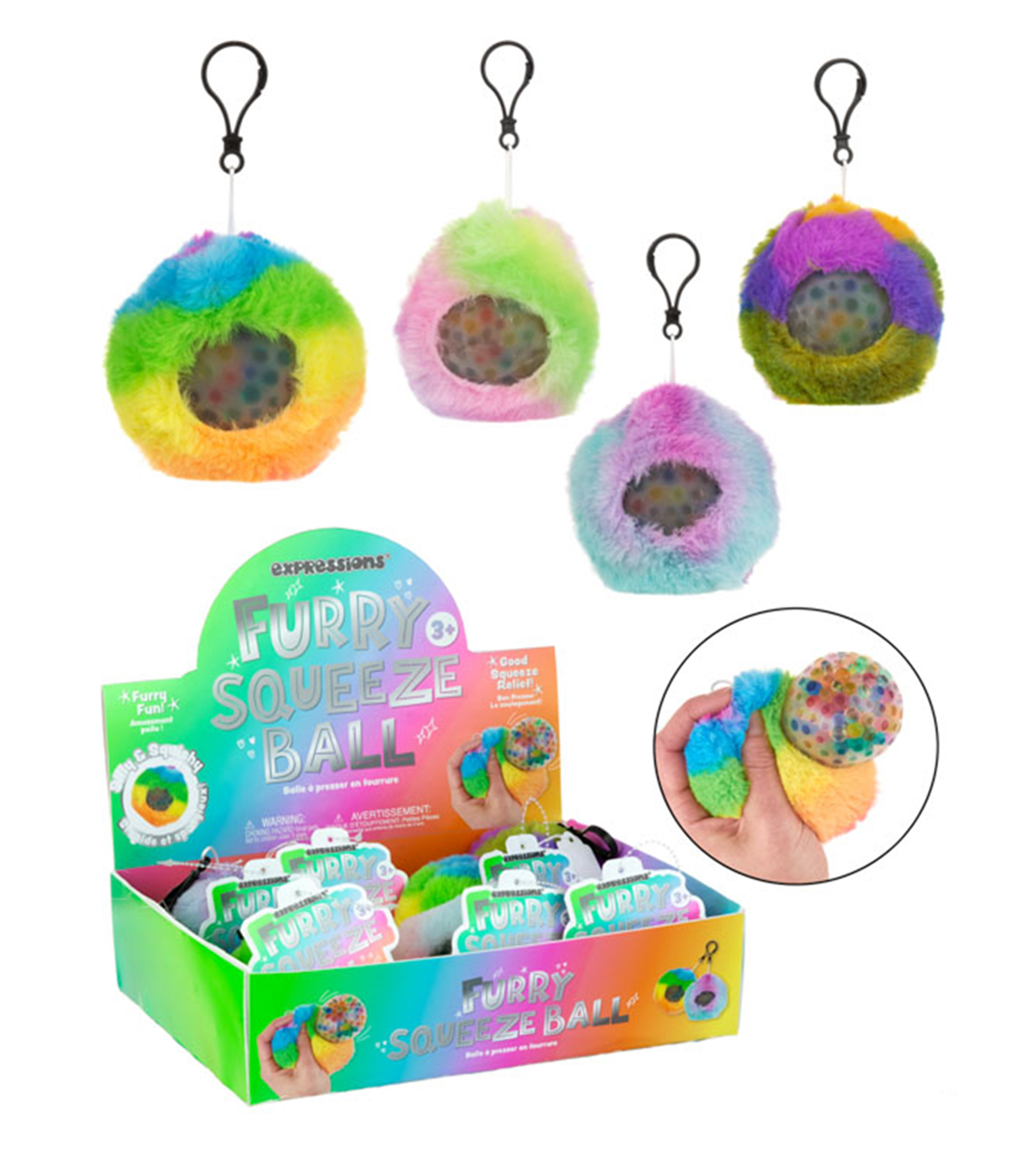 Squishy Toss & Throw Squeeze Balls w/ Tie-Dye Faux Fur & Clip-On KEYCHAIN