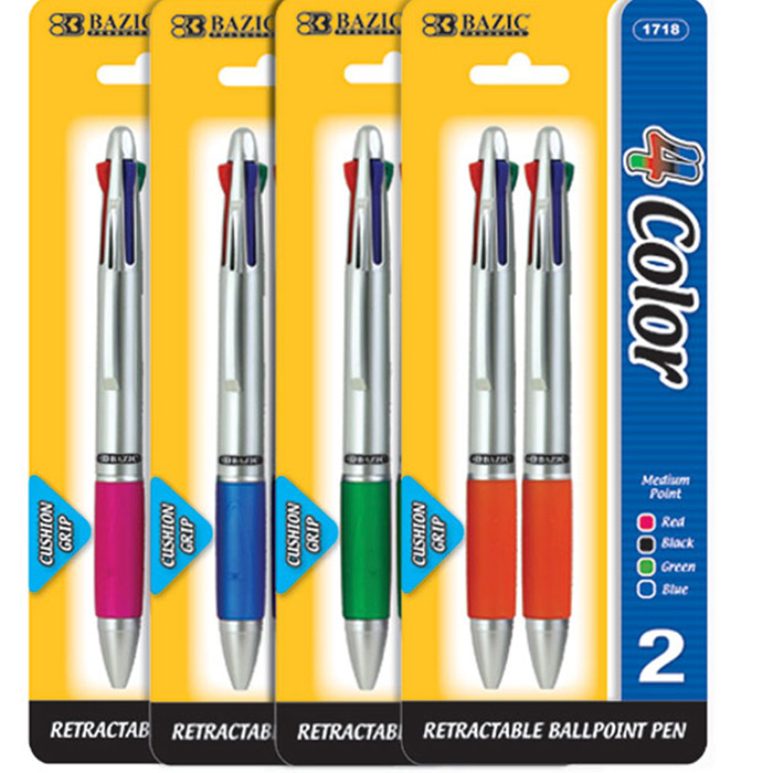 Silver Top 4-Color PEN w/ Cushion Grip (3/Pack)