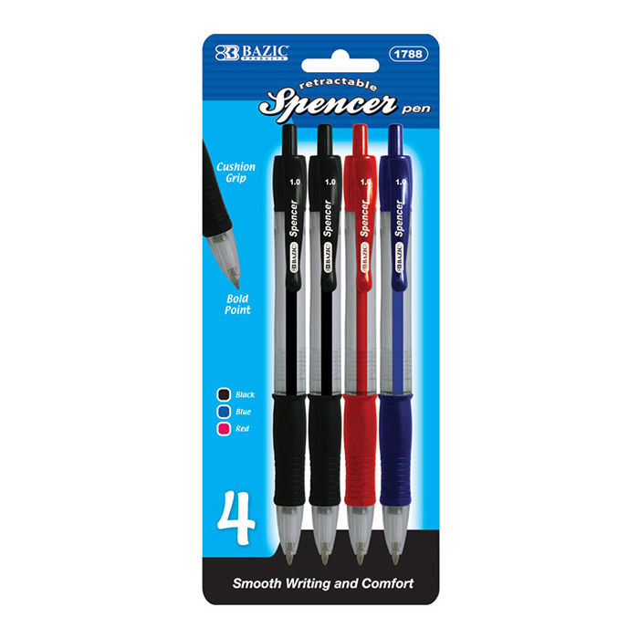 SPENcer Asst. Color Retractable PEN w/ Cushion Grip (4/Pack)