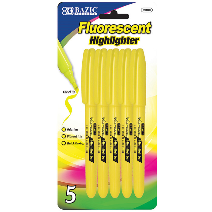 Yellow PEN Style Fluorescent Highlighter w/ Pocket Clip (5/Pack)