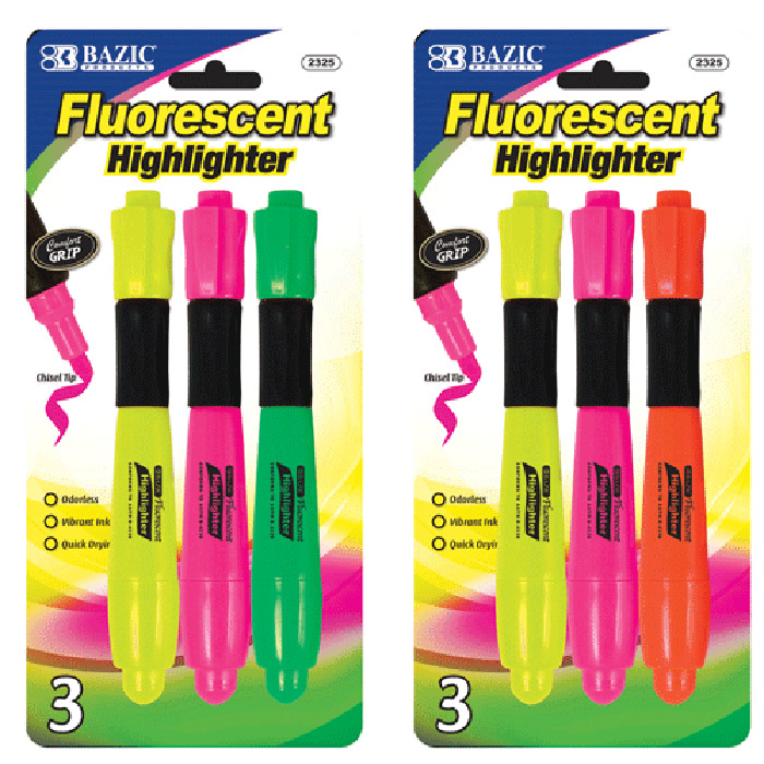 Desk Style Fluorescent Highlighters w/ Cushion Grip (3/Pack)