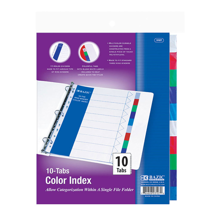 3-Ring Binder DIVIDERS w/ 10-Color Tabs