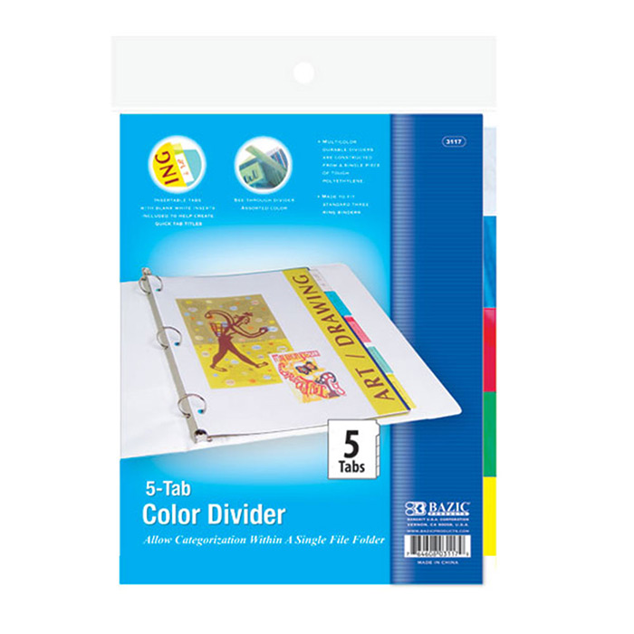 3-Ring Binder DIVIDERS w/ 5-Insertable Color Tabs