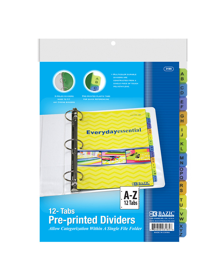 3-Ring Binder DIVIDERS w/ 12-Preprinted A-Z Tab