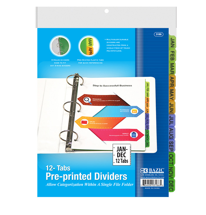 3-Ring Binder DIVIDERS w/ 12-Preprinted Jan-Dec Tab