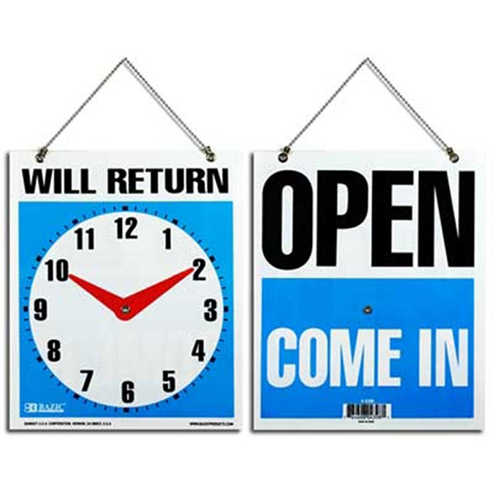 ''7.5'''' X 9'''' ''''Will Return'''' CLOCK Sign w/ ''''Open'''' Sign On Back''