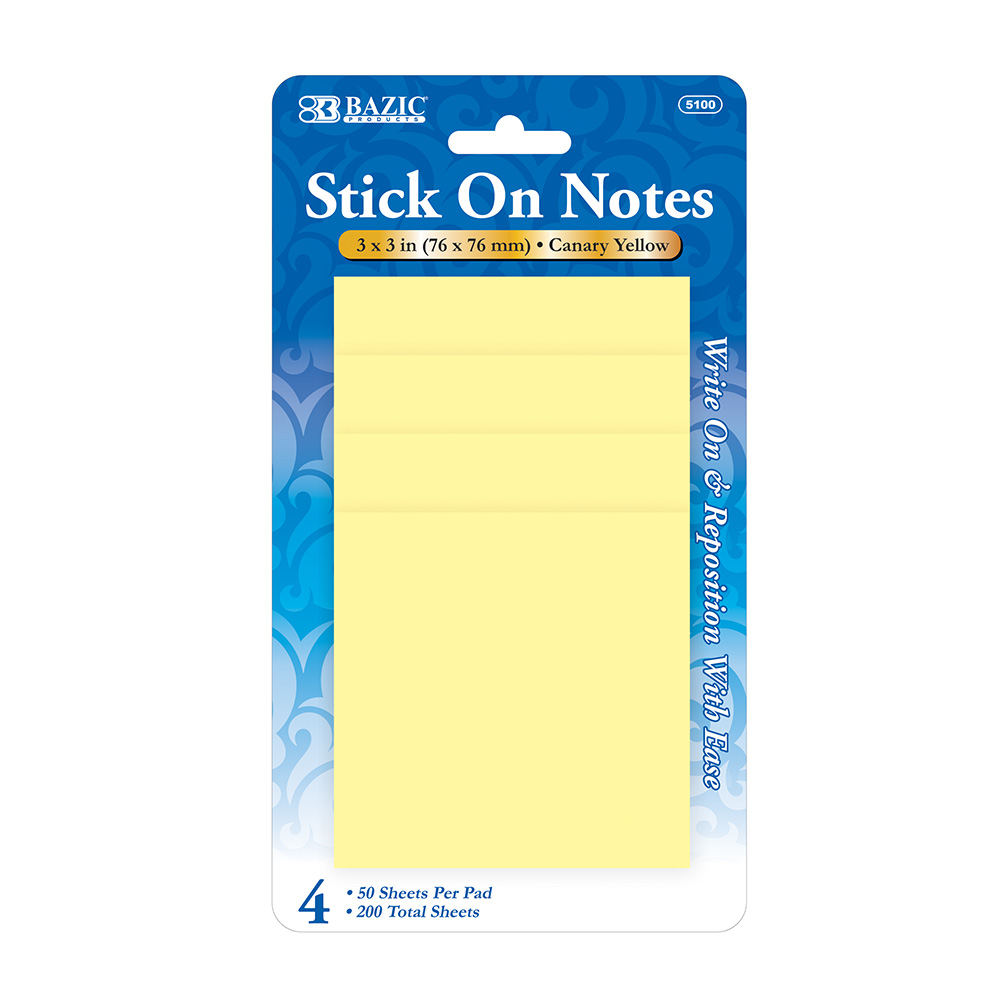 ''50 Ct. 3'''' X 3'''' Yellow STICK On Notes (4/Pack)''