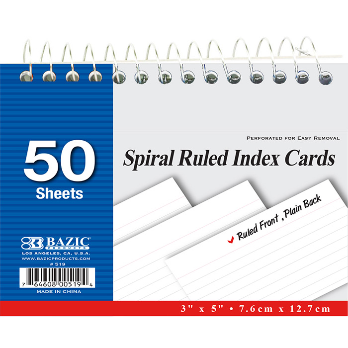 ''50 Ct. SPIRAL Bound 3'''' X 5'''' Ruled White Index Card''