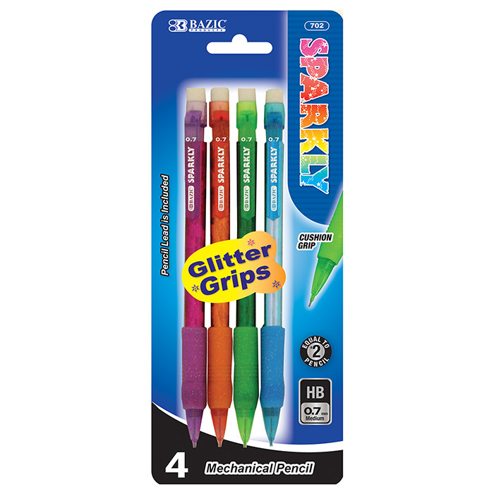 Sparkly 0.7Mm Mechanical PENcil w/ Glitter Grip (4/Pack)