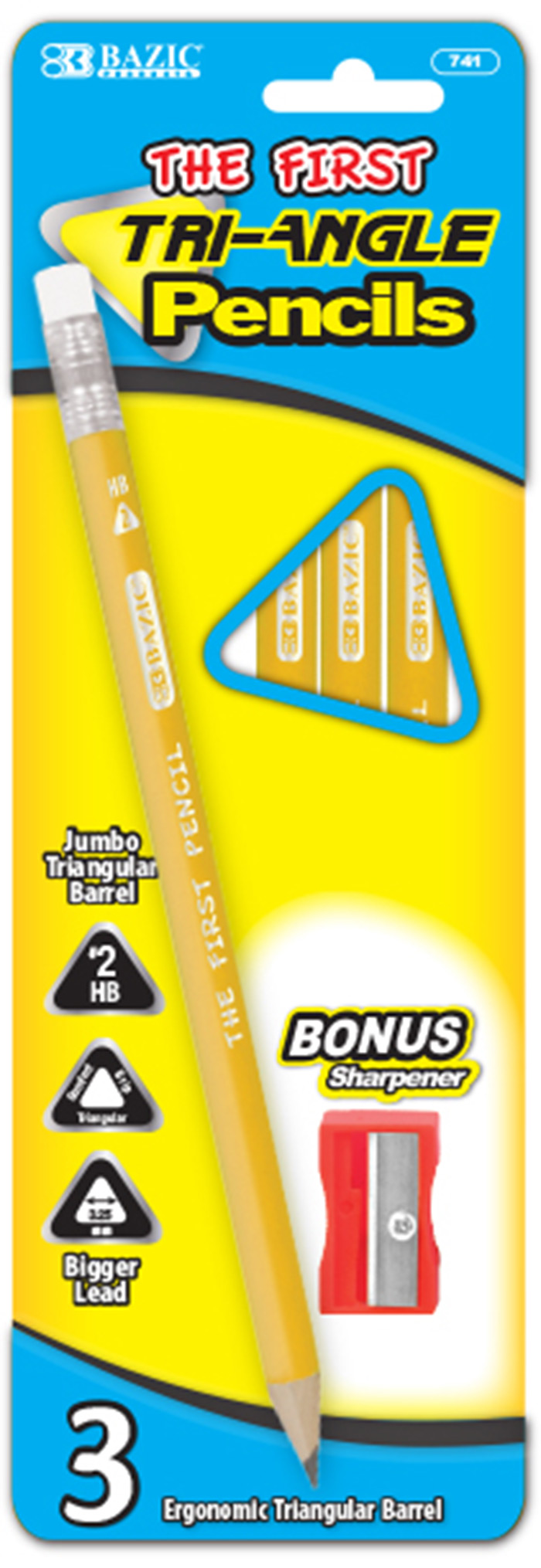 3 #2 The First Triangle Jumbo Yellow PENCIL w/ Sharpener