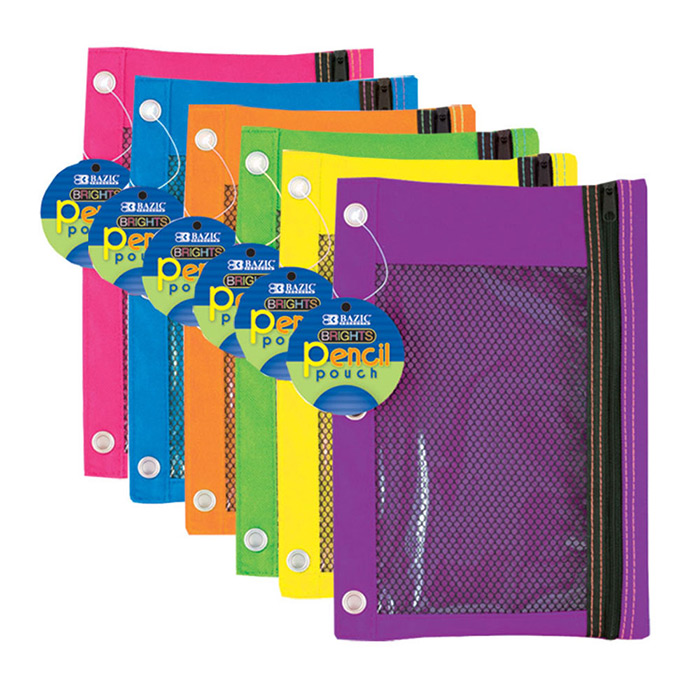 Bright Color 3-Ring Pencil Pouch w/ Mesh Window