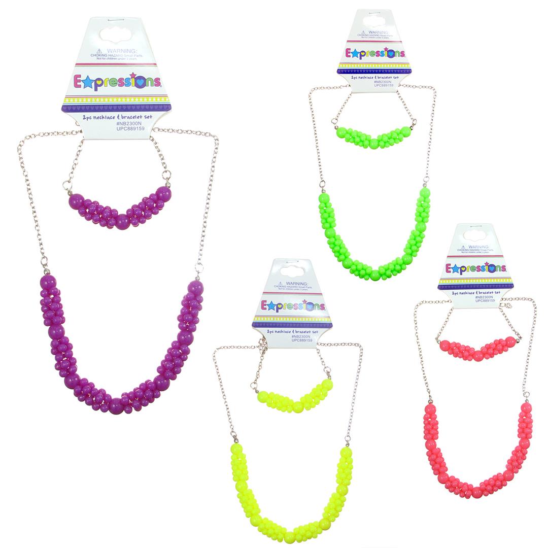 2 Pc Metal Necklace & BRACELET Sets w/ Bunched Neon Beads