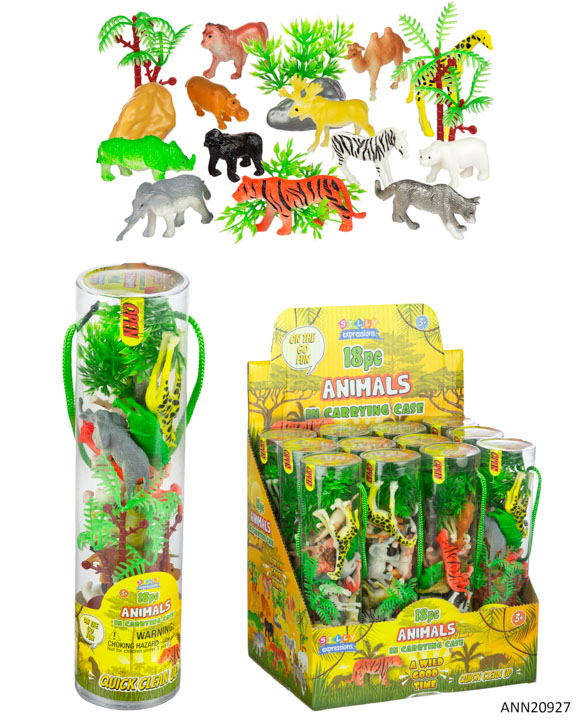 18 PC. Toy Jungle Animals w/ Retail DISPLAY & Carrying CASE