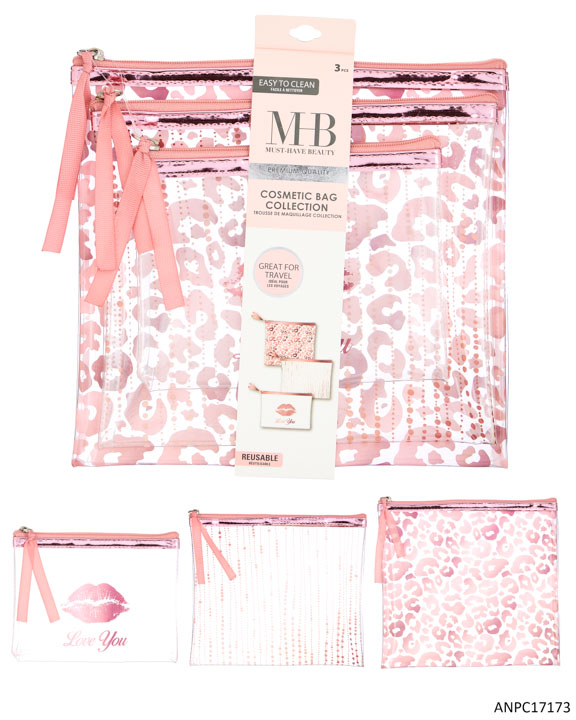 MHB (Must Have Beauty) Premium 3 PC. COSMETIC Bag Sets w/ Leopard & Love Print - Rose Gold