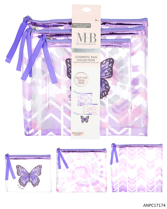 MHB (Must Have Beauty) Premium 3 PC. COSMETIC Bag Sets w/ Butterfly & Tie-Dye Print - Purple