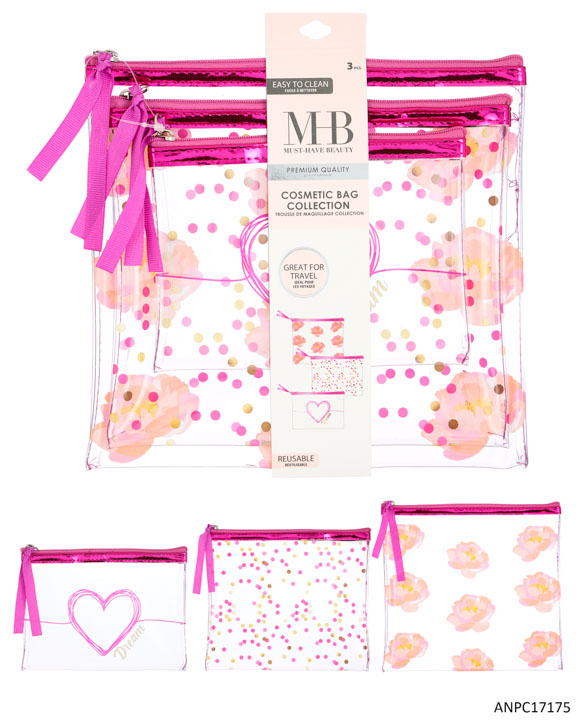 MHB (Must Have Beauty) Premium 3 PC. COSMETIC Bag Sets w/ Polka Dot & Heart Print - Metallic Pink