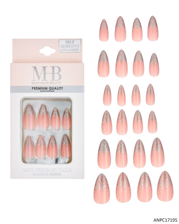 MHB (Must Have Beauty) Premium Coffin Shaped Ombre Silver Glitter Faux NAILs - 24-Pack