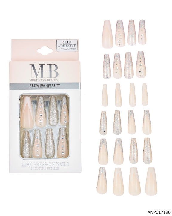 MHB (Must Have Beauty) Premium Almond Shaped Rhinestone Faux Nails - Silver- 24-Pack