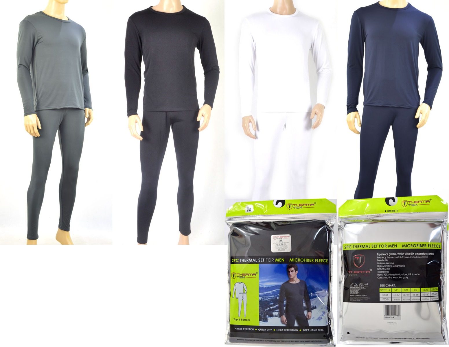 Men's Microfiber Fleece Lined Thermal UNDERWEAR Sets - Solid Colors - Sizes S-XL or M-2XL