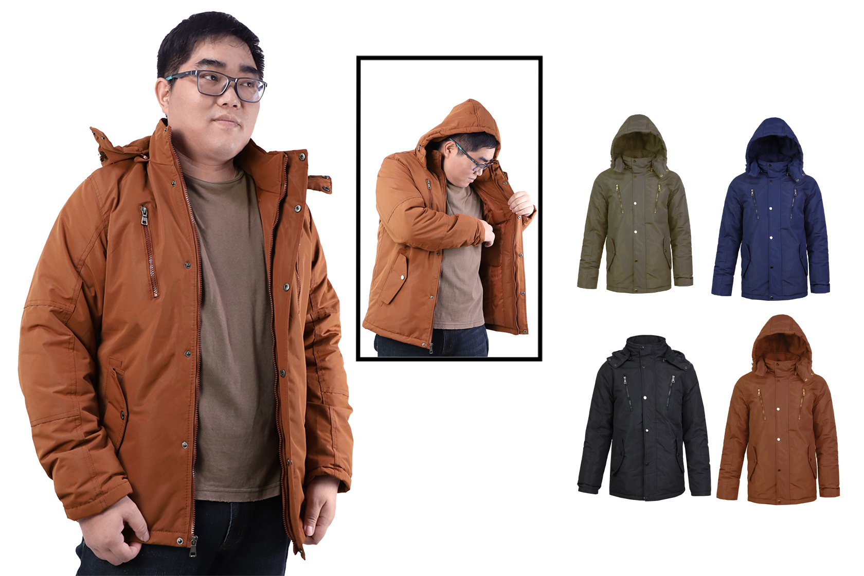 Men's Zip-Up Shell Fabric Jackets w/ Detachable Hood & Handkerchief Pocket