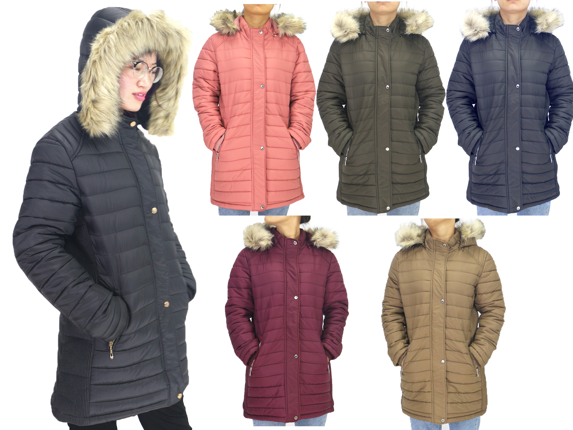 Women's Plus Size Sherpa Lined Puffer Down Winter Jackets w/ Faux Fur Trim Hood & Zip-Up Cargo Pocke