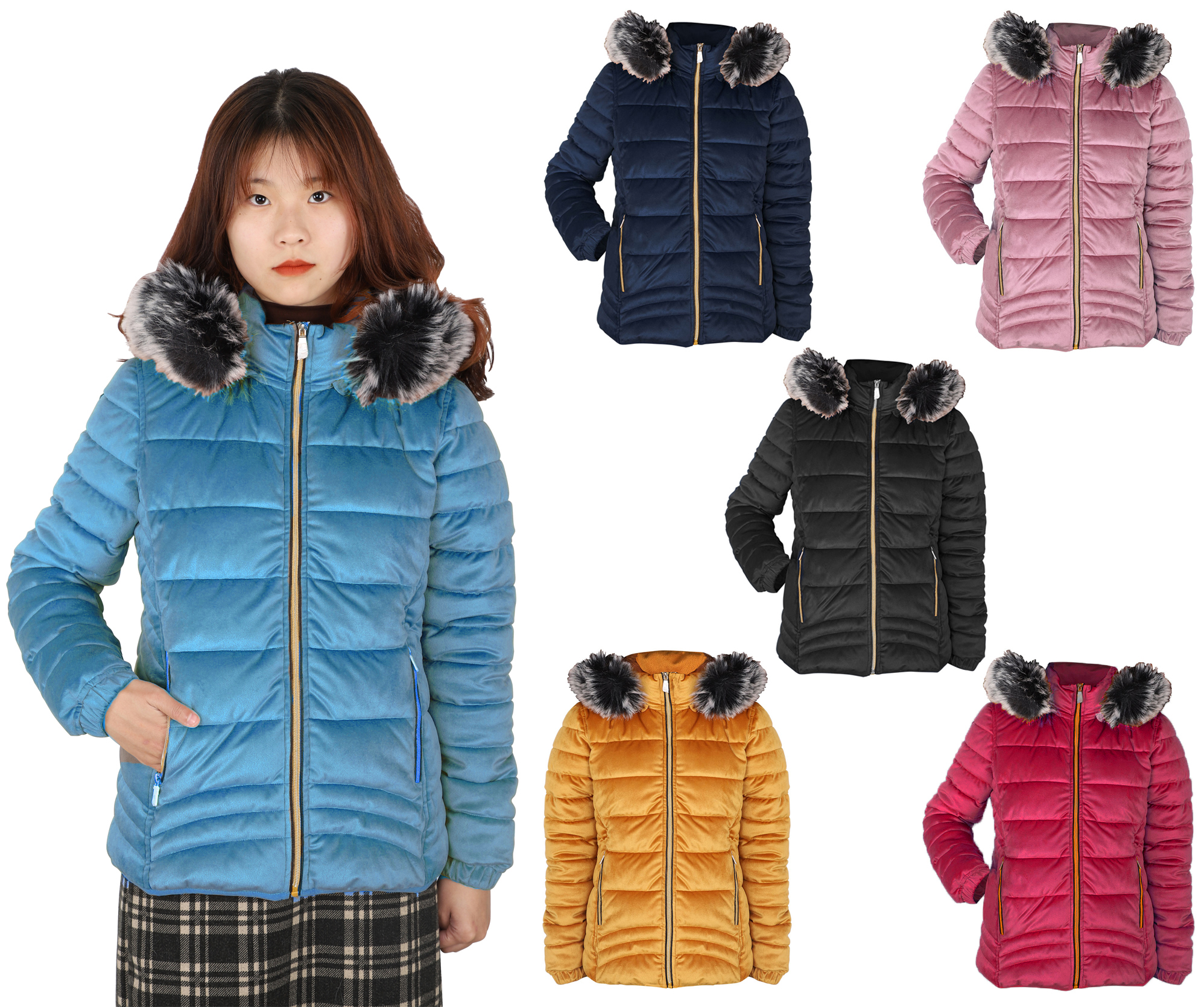 Women's Puffer Down Zip-Up Winter Jackets w/ Faux Fur Hood & Cargo Pockets - Choose Your Color(s)