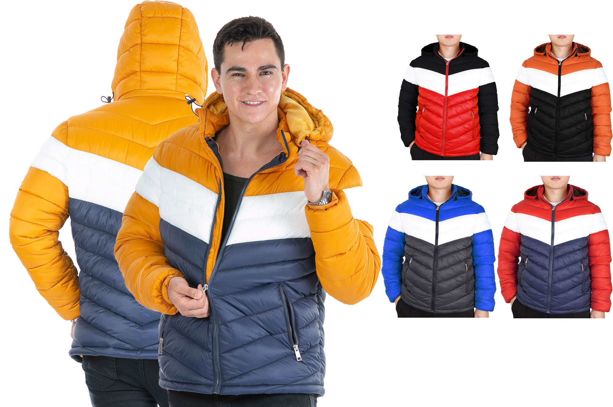 Men's Two Tone Pattern Puffer Down Jackets w/ Sherpa Lining & Lone White Herringbone Print - Choose 